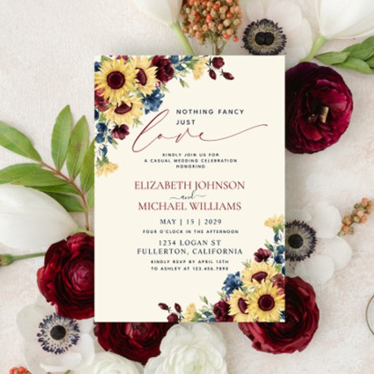 おしゃれすぎない、ただ愛を込めて - ヒマワリのブルーとバーガンディ 招待状