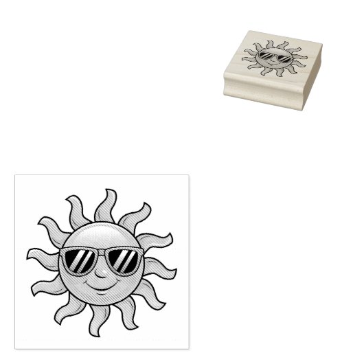 おしゃれでかわいいハッピーイエロー太陽 サングラス付き ラバースタンプ (押印)