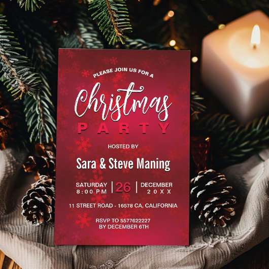 おしゃれでエレガントな赤い雪の結晶のクリスマス 招待状