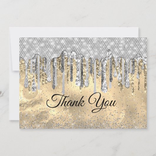 おしゃれでエレガントな銀と金の輝きが垂れる サンキューカード (正面)