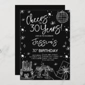 おしゃれでエレガントな黒と白の30歳の誕生日 招待状 (正面/裏面)