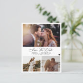 おしゃれでエレガントな3枚の写真を使った結婚式のSave the Dateカード (スタンド正面)