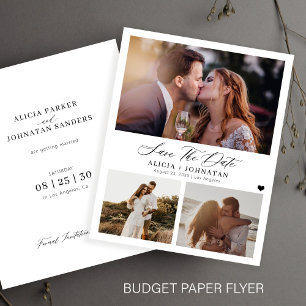 おしゃれでエレガントな3枚の写真を使った、予算に優しい結婚式の「Save the Date」カード チラシ