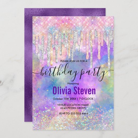 おしゃれでカラフルなユニコーンがグリッターを滴らせるモノグラム 招待状 (正面/裏面)