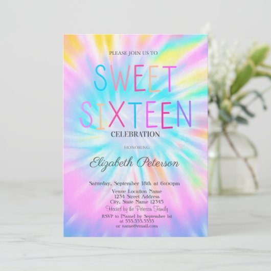 おしゃれでクールなタイダイカラフルなスイート16 招待状 (スタンド正面)