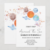 おしゃれでシンプルなファースト トリップ アラウンド ザ サン 1歳の誕生日 招待状 (正面/裏面)