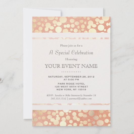 おしゃれでスタイリッシュな偽のゴールド箔の円とピンクの麻 招待状 (正面)