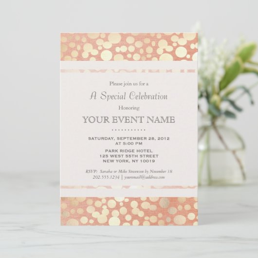 おしゃれでスタイリッシュな偽のゴールド箔の円とピンクの麻 招待状 (スタンド正面)