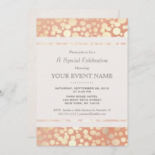 おしゃれでスタイリッシュな偽のゴールド箔の円とピンクの麻 招待状 (正面/裏面)
