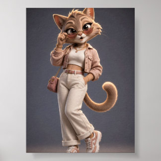おしゃれでスタイリッシュな3Dアニメーションの猫のキャラクターデザイン ポスター