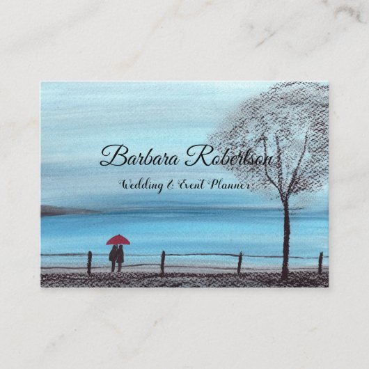 おしゃれでトレンディな赤い傘のラブカップル ウェディング ビジネス 名刺 (正面)