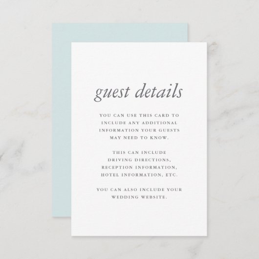 おしゃれでミニマルなブルーの結婚式のゲスト詳細 エンクロージャーカード (正面/裏面)