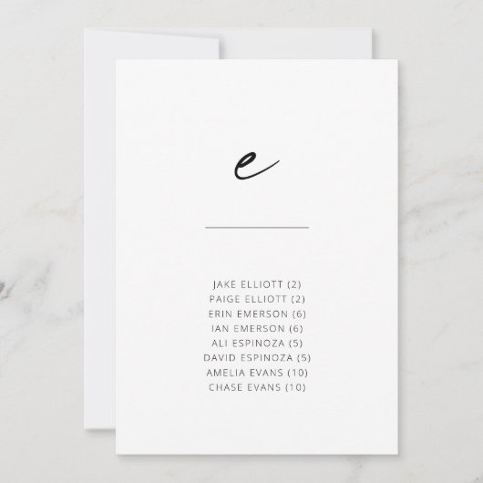 おしゃれでモダンなスクリプトアルファベット シーティングチャート E (正面)