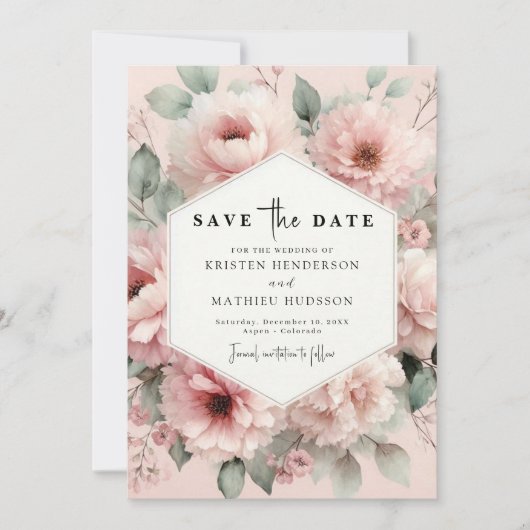 おしゃれでユニークなピンクの花の結婚式 セーブザデート (正面)