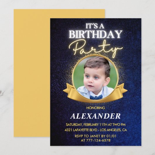 おしゃれで上品な男の子の2歳の誕生日+招待状+写真 招待状 (正面/裏面)