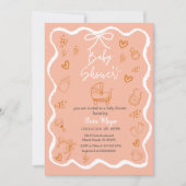 おしゃれで個性的な手描きリボン ベイビーシャワー 招待状 (正面)