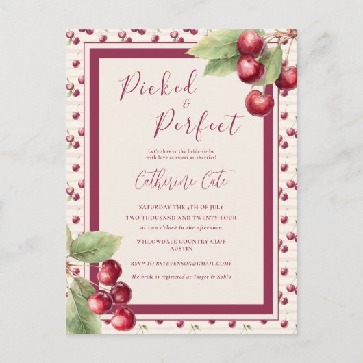 おしゃれで完璧なスイートチェリーブライダルシャワー ポストカード (正面)