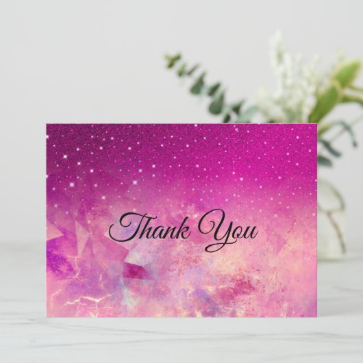 おしゃれで遊び心のあるピンクのオンブレ グリッター サンキューカード (スタンド正面)