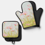 おしゃれなかわいいピンクの花柄 鍋つかみ&鍋敷きセット (正面/裏面)