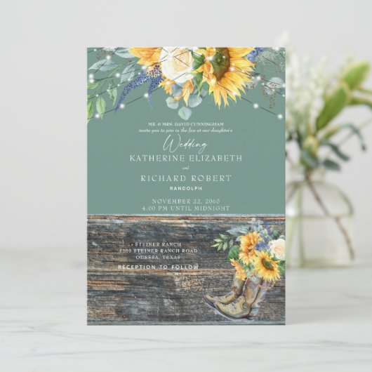 おしゃれなひまわりと木製ブーツのライト  招待状 (スタンド正面)