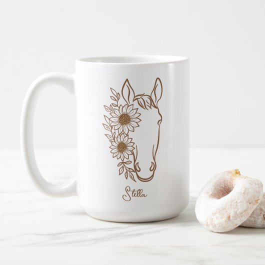おしゃれなひまわりの馬の線画 馬好きへのギフト コーヒーマグカップ (ドーナツ)