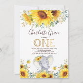 おしゃれなひまわり象さんグリーンゴールド1歳誕生日 招待状 (正面)