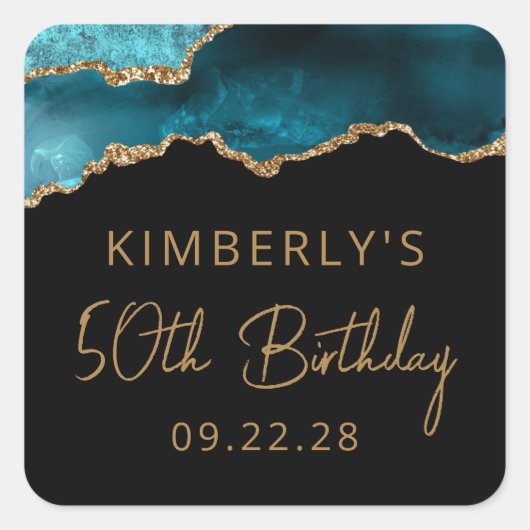 おしゃれなアゲートジオードターコイズゴールド50歳誕生日パーティー スクエアシール (正面)
