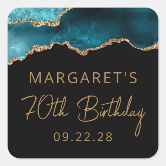 おしゃれなアゲートジオードターコイズゴールド 70歳の誕生日パーティー スクエアシール (正面)