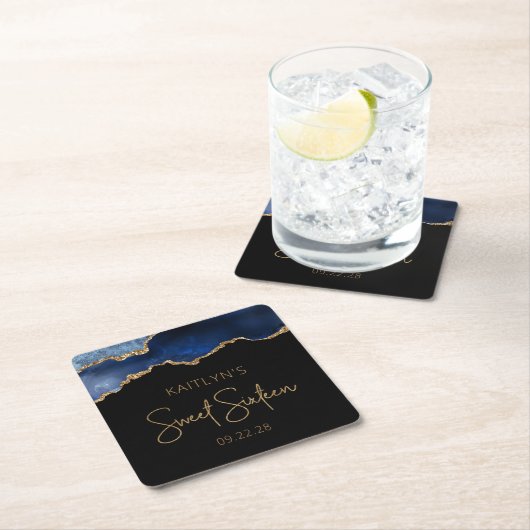 おしゃれなアゲートジオードブルーゴールドスイート16誕生日パーティー スクエアペーパーコースター (インサイチュ)