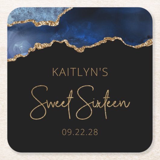 おしゃれなアゲートジオードブルーゴールドスイート16誕生日パーティー スクエアペーパーコースター (正面)
