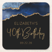 おしゃれなアゲートジオードブルーゴールド40歳誕生日パーティー スクエアペーパーコースター (正面)