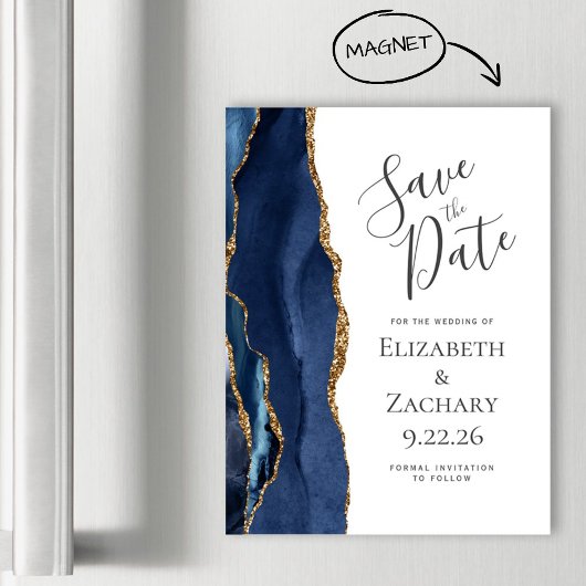 おしゃれなアゲートネイビーブルーゴールドのマグネット式Save the Date