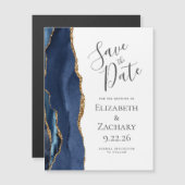 おしゃれなアゲートネイビーブルーゴールドのマグネット式Save the Date (正面/裏面)