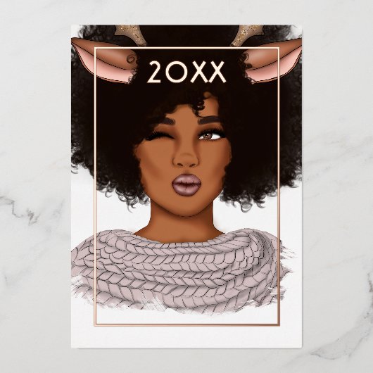 おしゃれなアフリカ系アメリカ人トナカイのクリスマス 箔シーズンカード (正面)