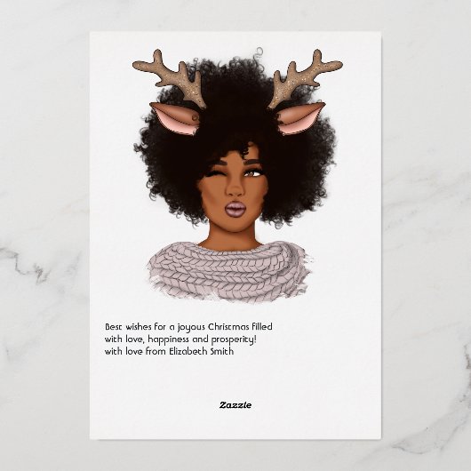おしゃれなアフリカ系アメリカ人トナカイのクリスマス 箔シーズンカード (裏面)