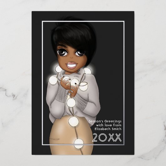 おしゃれなアフリカ系アメリカ人女性のクリスマスカード 箔シーズンカード (正面)