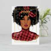 おしゃれなアフリカ系アメリカ人 バッファロープレイド クリスマス 箔シーズンカード (立ち正面)