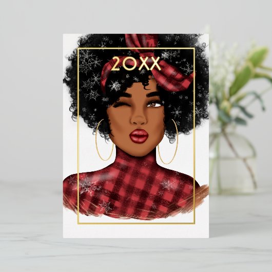おしゃれなアフリカ系アメリカ人 バッファロープレイド クリスマス 箔シーズンカード (立ち正面)