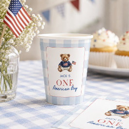 おしゃれなアメリカンテディベア ブルーのギンガムチェック 男の子の1歳の誕生日  紙コップ