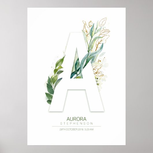 おしゃれなアルファベット「A」モノグラム ゴールド グリーンの葉 ポスター (正面)