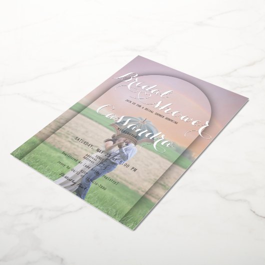 おしゃれなアーチの手書きハート写真 ブライダルシャワー 箔招待状 (回転した状態)