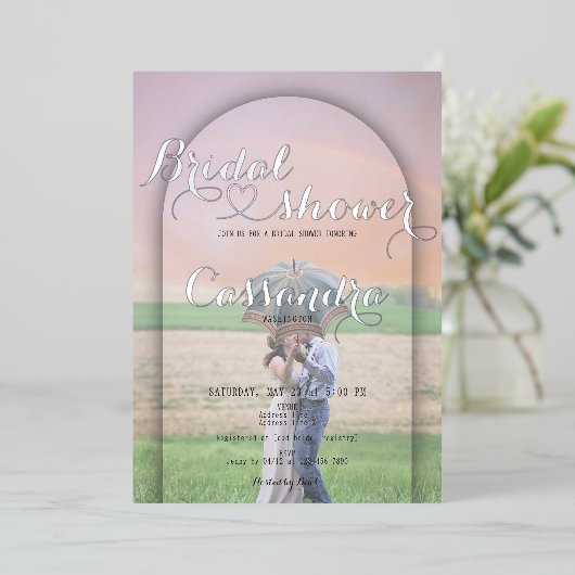 おしゃれなアーチの手書きハート写真 ブライダルシャワー 箔招待状 (立ち正面)