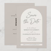 おしゃれなアーチフレーム 現代のスクリプト タウペ エクリュ 結婚式 セーブザデート (正面/裏面)