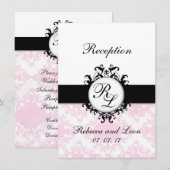 おしゃれなイニシャル ピンク ダマスク 結婚式の受付カード 招待状 (正面/裏面)