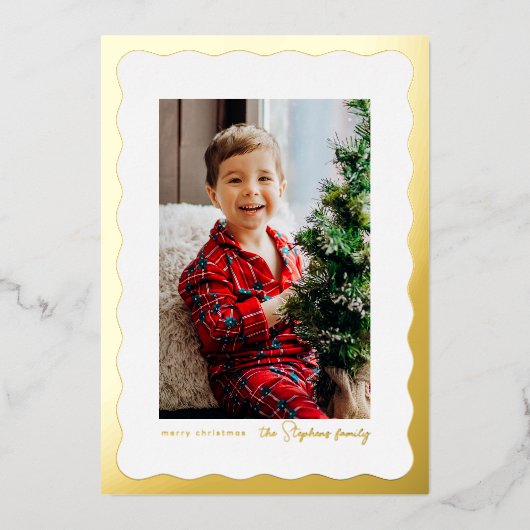 おしゃれなウェーブフレームのシンプルゴールドクリスマス写真 箔シーズンカード (正面)