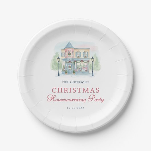 おしゃれなウォーターカラーのハウス メリークリスマス ペーパープレート (正面)