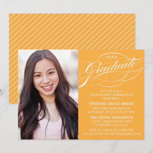 おしゃれなエレガントなスクリプト卒業パーティー招待状 招待状 (正面/裏面)