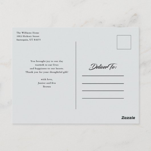 おしゃれなエレガントなスクリプト結婚式カスタム写真感謝 ポストカード (裏面)