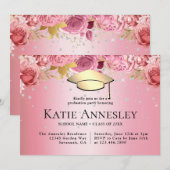 おしゃれなエレガントなピンクの花の卒業式 招待状 (正面/裏面)