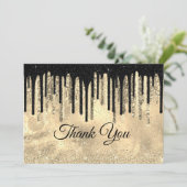 おしゃれなエレガントな黒金グリッターが垂れる サンキューカード (スタンド正面)